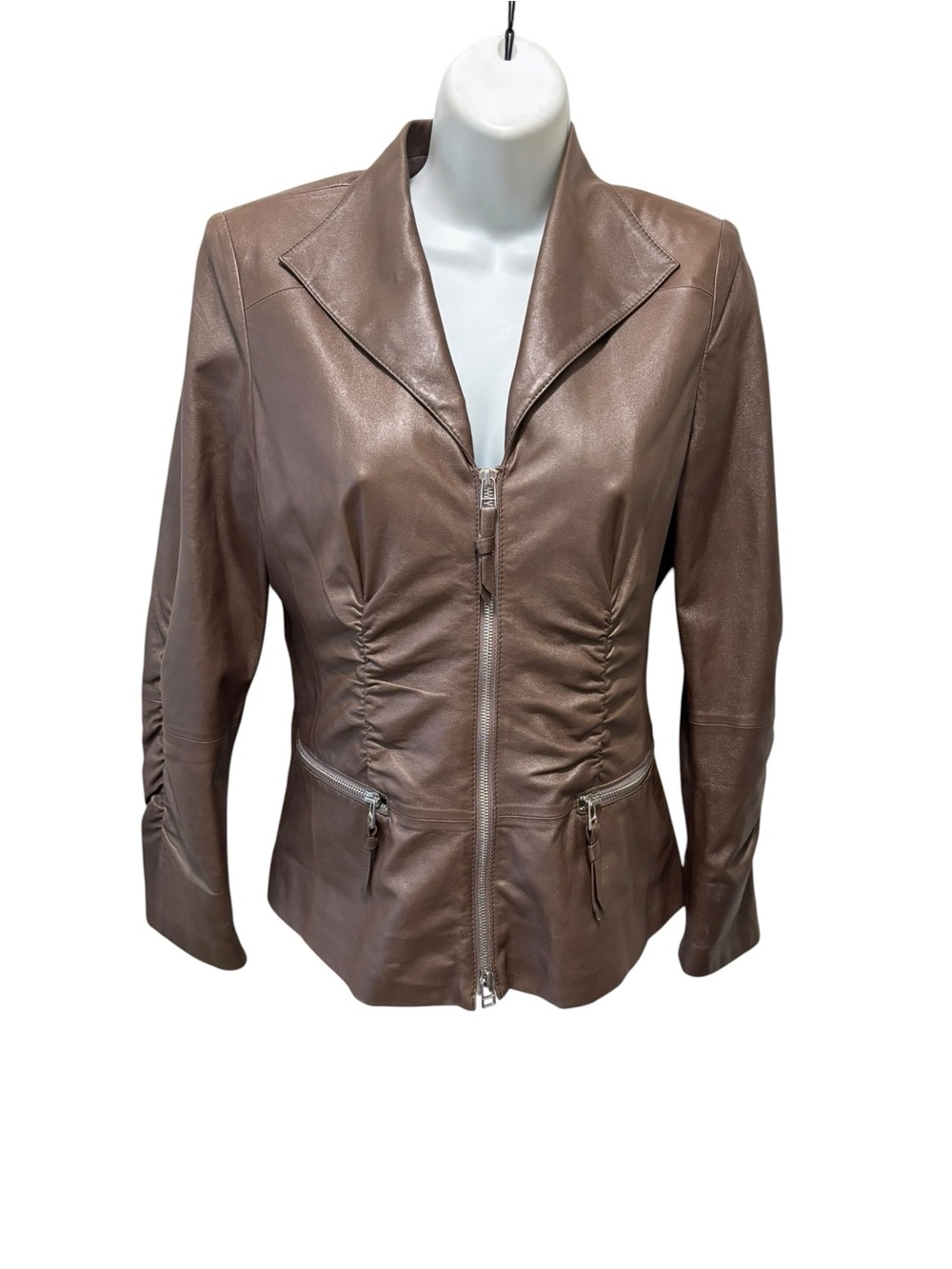 Lafayette 148 New York Brown Ruched Leather Blazer Jacket Sz 10P Lined Full Zip